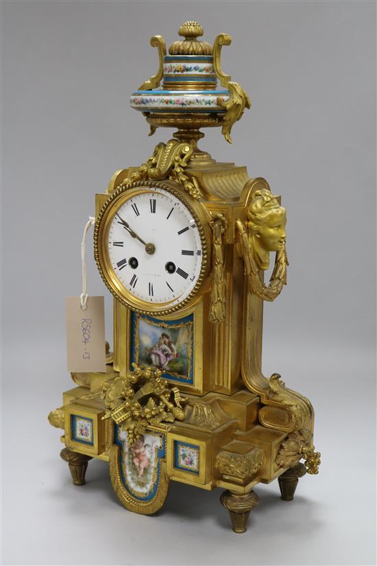 A French ormolu and Sevres-style porcelain mantel clock H.40cms